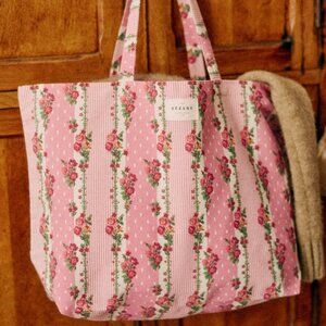 NWT Sezane Pink English Flower Stripe Tote Bag